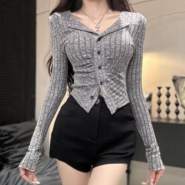 Plain Long-Sleeve Button-Up Top
