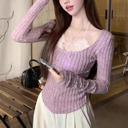 Scoop Neck Long-Sleeve Mock Two-Piece Knit Top