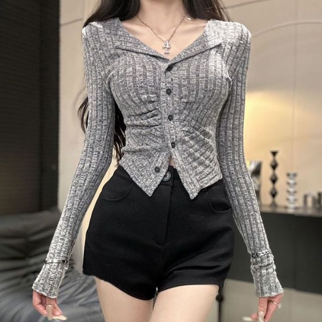Plain Long-Sleeve Button-Up Top