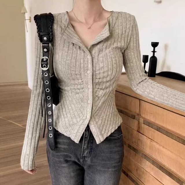 Plain Long-Sleeve Button-Up Top