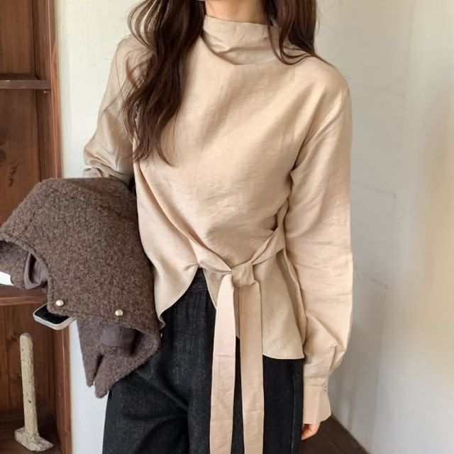 Mock Neck Asymmetrical Tie-Up Long Sleeve Blouse