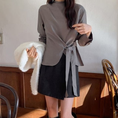 Mock Neck Asymmetrical Tie-Up Long Sleeve Blouse