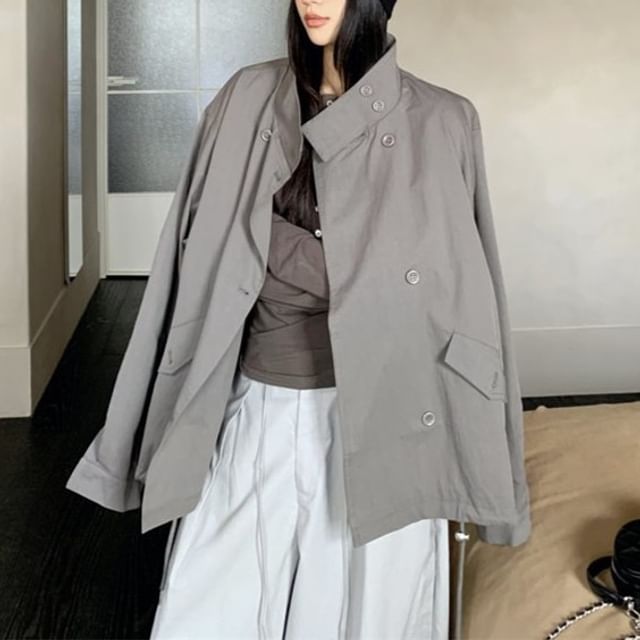 Double Breasted Trench Coat, Henley Tee & Baggy Pants Set