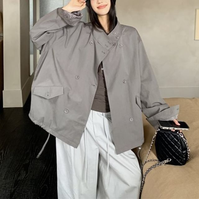 Double Breasted Trench Coat, Henley Tee & Baggy Pants Set