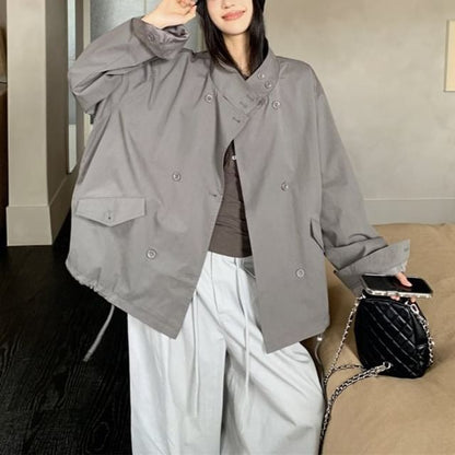 Double Breasted Trench Coat, Henley Tee & Baggy Pants Set
