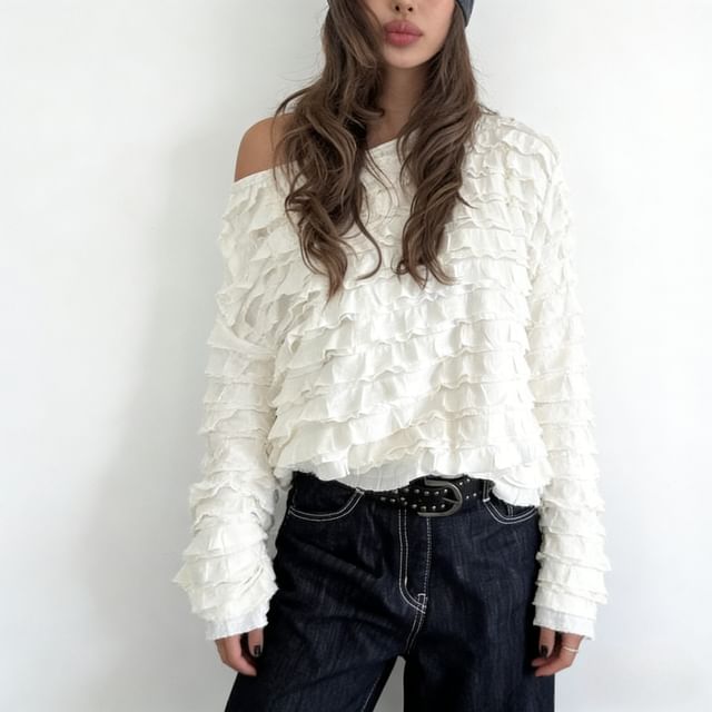 One Shoulder Tiered Long Sleeve Blouse