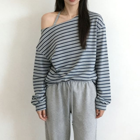 Asymmetric One Shoulder Striped Top