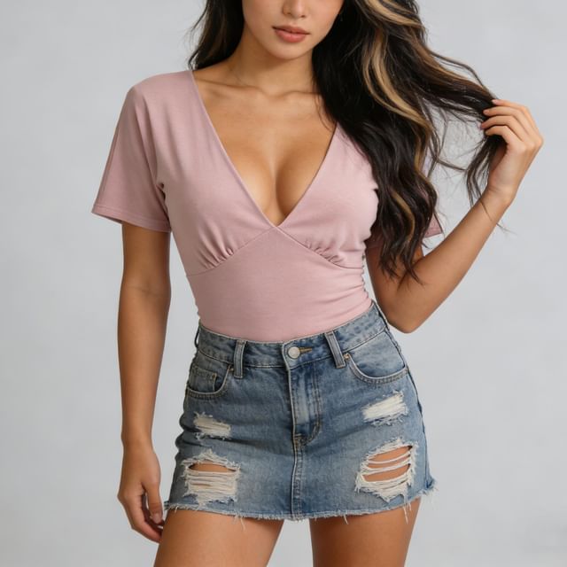 V-Neck Tie Back Short Sleeve Top