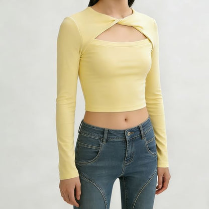 Crew Neck Twisted Cutout Tee with Long Sleeves