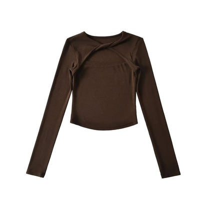 Crew Neck Twisted Cutout Tee with Long Sleeves