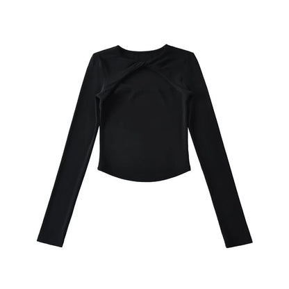 Crew Neck Twisted Cutout Tee with Long Sleeves
