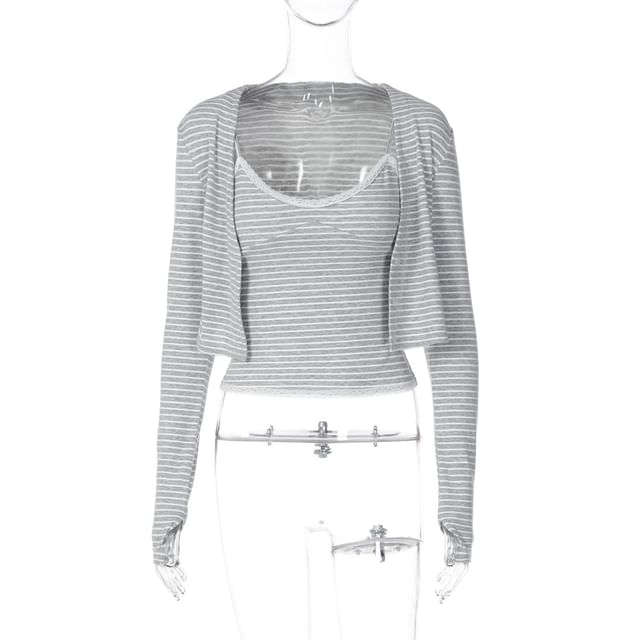 Lace Trim Striped Camisole & Cardigan Set