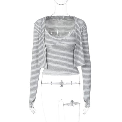 Lace Trim Striped Camisole & Cardigan Set