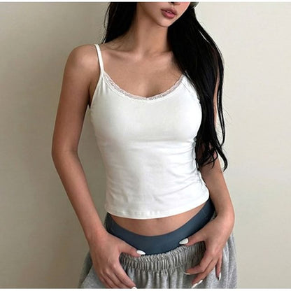 V-Neck Lace Accent Fitted Crop Cami