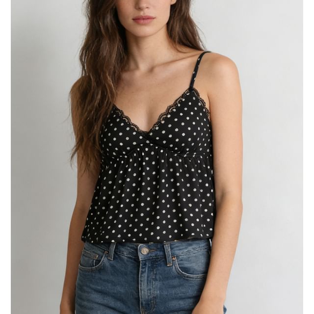 Lace-Trimmed Polka Dot V-Neck Cami