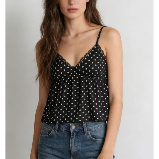 Lace-Trimmed Polka Dot V-Neck Cami