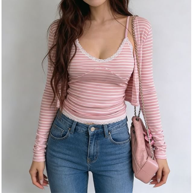 Lace Trim Striped Camisole & Cardigan Set
