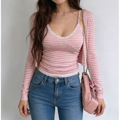 Lace Trim Striped Camisole & Cardigan Set