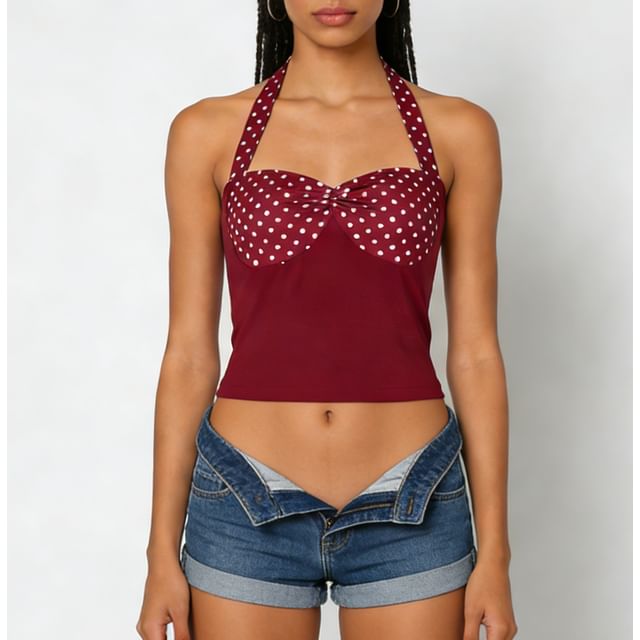 Polka Dot Halter Crop Tank with Panels