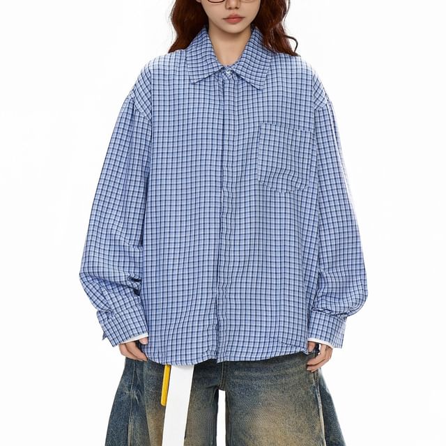 Plaid Button-Up Shirt Mock Two-Piece Long Sleeve