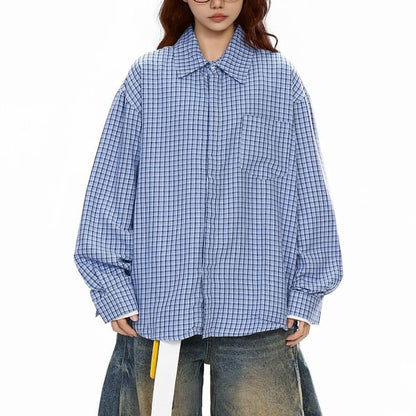 Plaid Button-Up Shirt Mock Two-Piece Long Sleeve