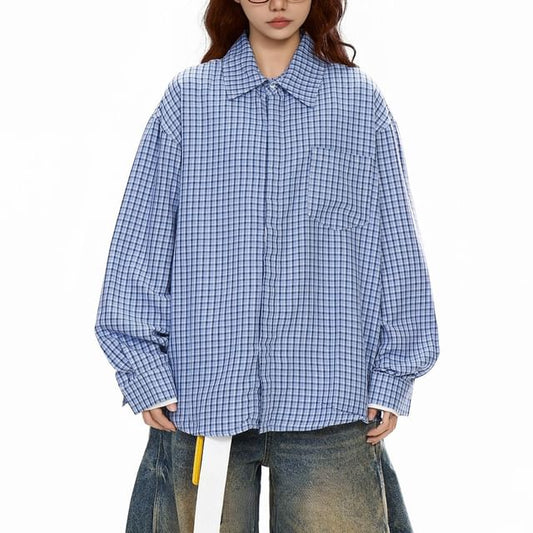 Plaid Button-Up Shirt Mock Two-Piece Long Sleeve