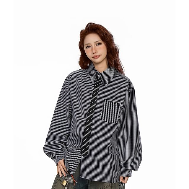 Plaid Panel Striped Long-Sleeve Button-Up Shirt