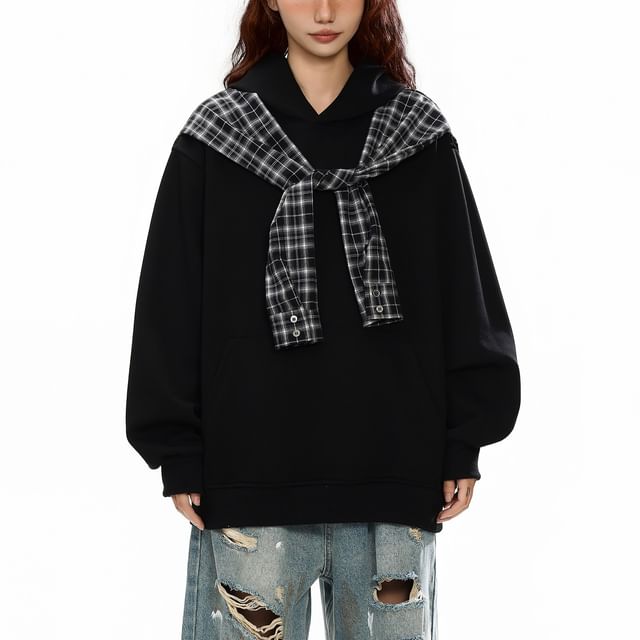 Plaid Panel Mock Two-Piece Hoodie