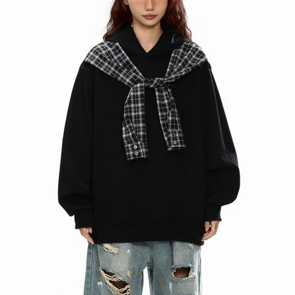 Plaid Panel Mock Two-Piece Hoodie