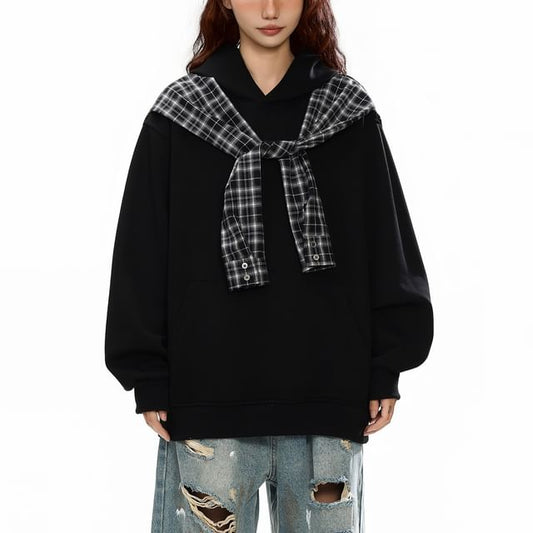 Plaid Panel Mock Two-Piece Hoodie