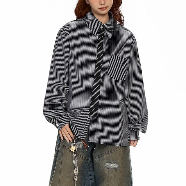 Plaid Panel Striped Long-Sleeve Button-Up Shirt
