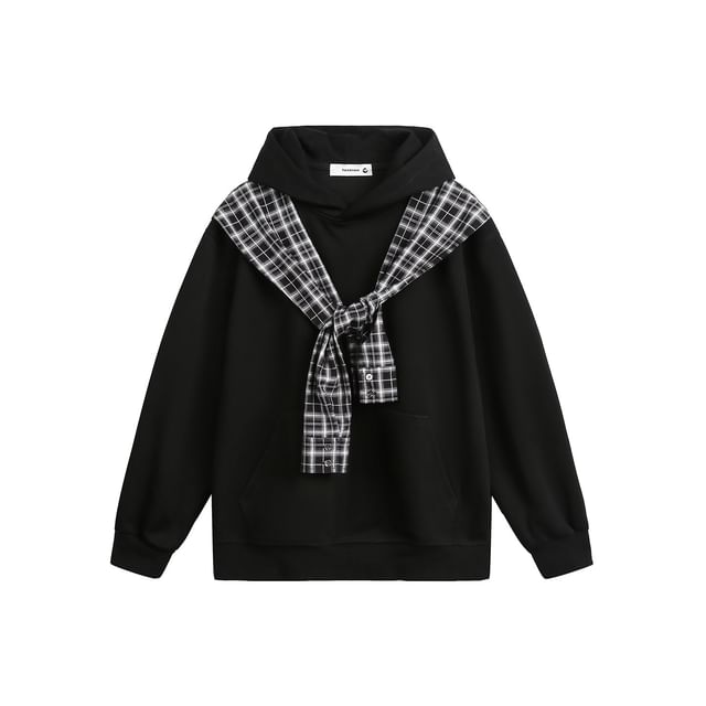Plaid Panel Mock Two-Piece Hoodie