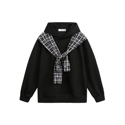 Plaid Panel Mock Two-Piece Hoodie