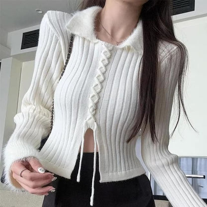 Two-Tone Ribbed Knit Collared Sweater