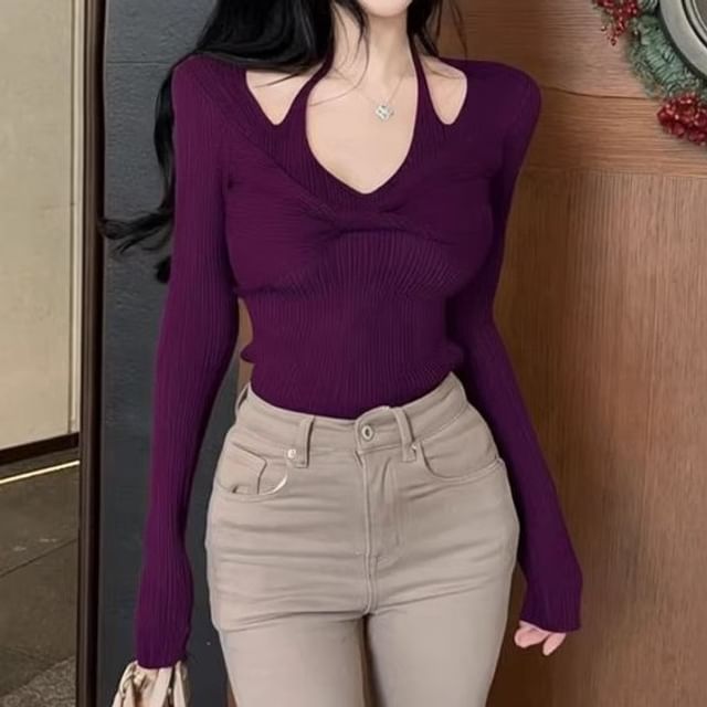Ribbed Knit V-Neck Long Sleeve Top