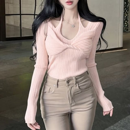 Ribbed Knit V-Neck Long Sleeve Top