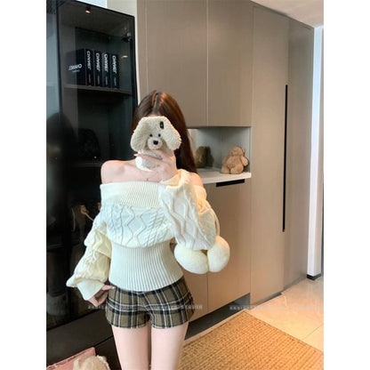 Off-Shoulder Cable Knit Sweater with Neckwarmer Set