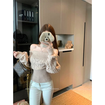 Off-Shoulder Cable Knit Sweater with Neckwarmer Set
