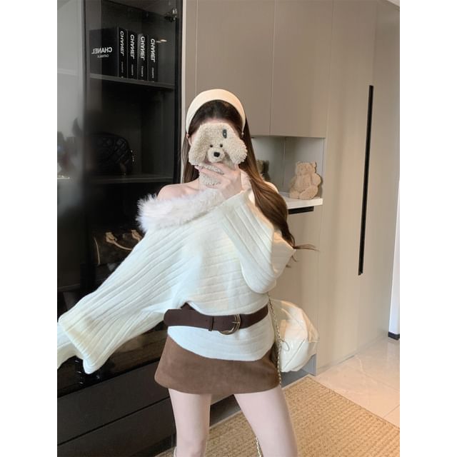 Off-Shoulder Fluffy Trim Sweater with Belt Set