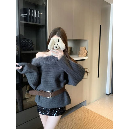 Off-Shoulder Fluffy Trim Sweater with Belt Set