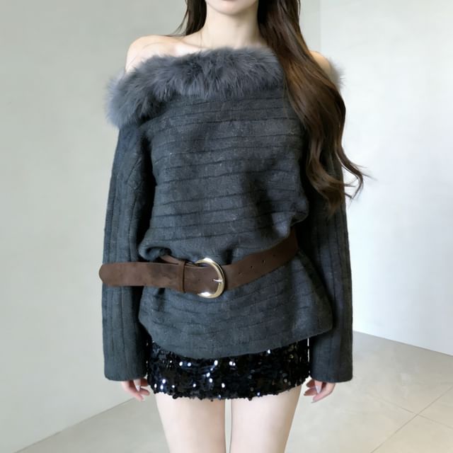 Off-Shoulder Fluffy Trim Sweater with Belt Set