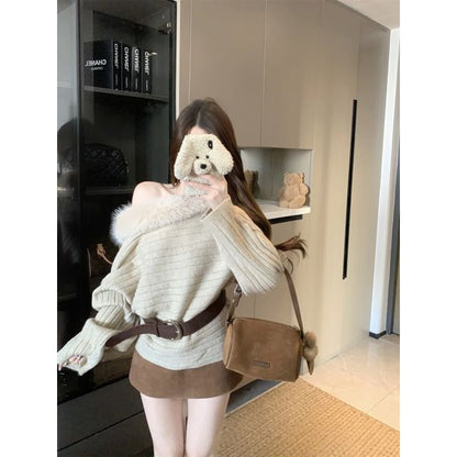 Off-Shoulder Fluffy Trim Sweater with Belt Set