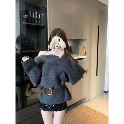 Off-Shoulder Fluffy Trim Sweater with Belt Set