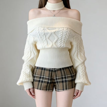 Off-Shoulder Cable Knit Sweater with Neckwarmer Set