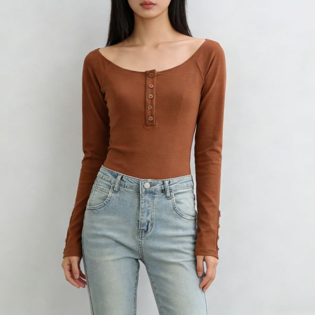 Scoop Neck Henley Long Sleeve Tee