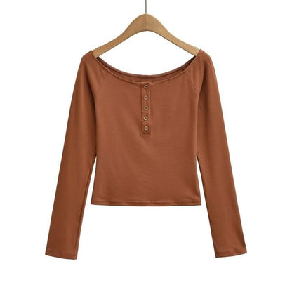 Scoop Neck Henley Long Sleeve Tee