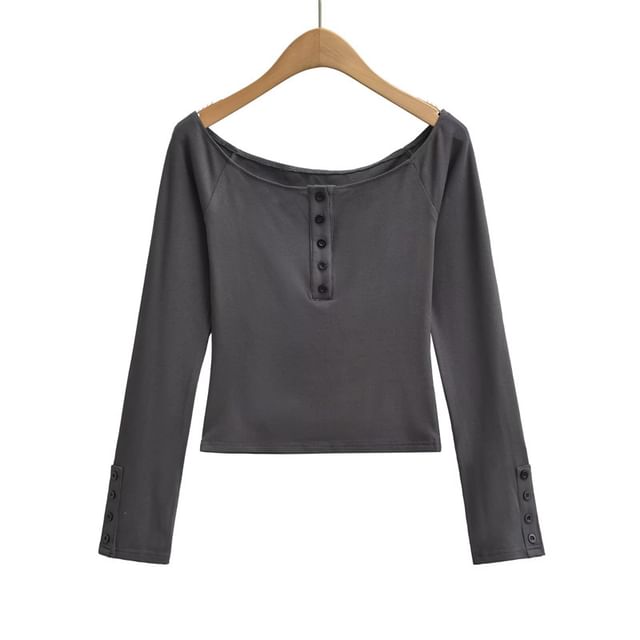 Scoop Neck Henley Long Sleeve Tee