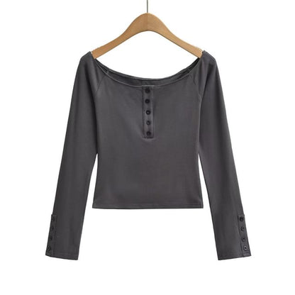 Scoop Neck Henley Long Sleeve Tee