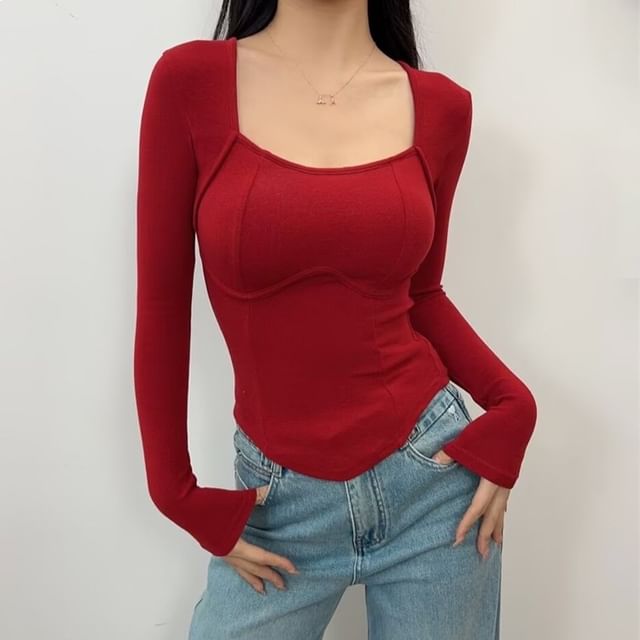 Square Neck Long Sleeve Basic Tee