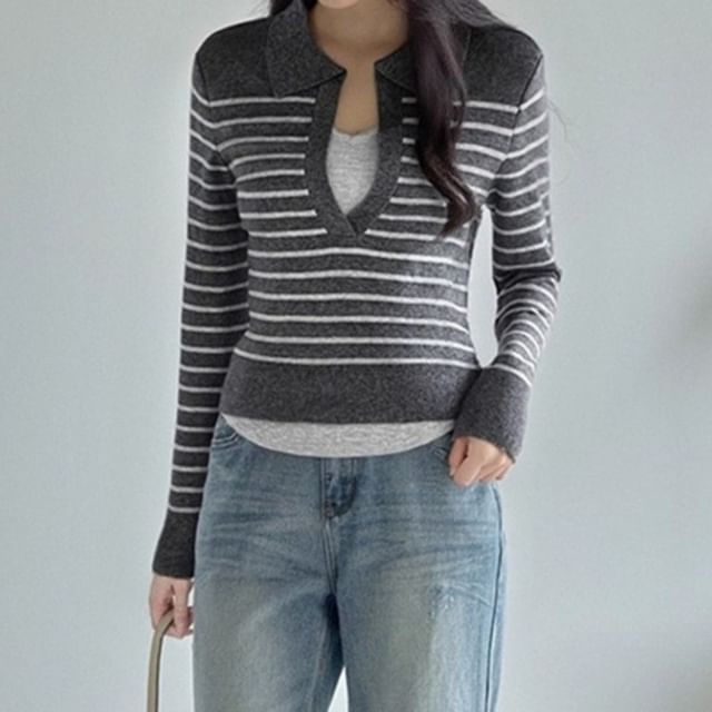 Breton Stripe Collared Crop Knit Top